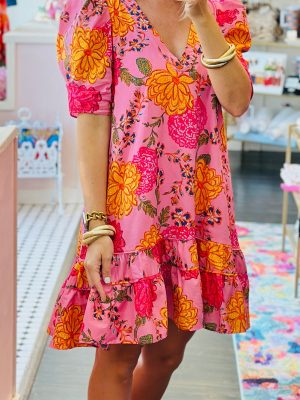 Pink Floral Bubble Sleeve V Neck Ruffled Mini Dress