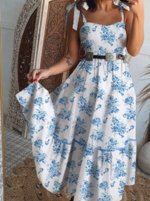 Sky Blue Floral Print Shirred Knot Shoulder Sleeveless Long Dress