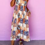 Orange Floral Patchwork Printed Frilled Bandeau Smocked High Waist Long Dress