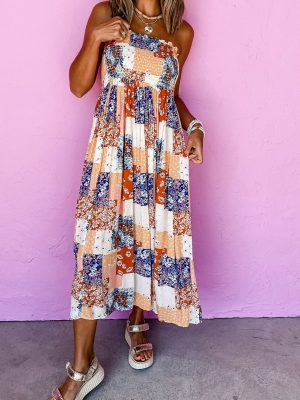 Orange Floral Patchwork Printed Frilled Bandeau Smocked High Waist Long Dress