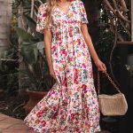 Red Floral Short Sleeve V Neck High Waist Maxi Dress