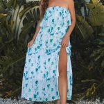 Green Floral Print Ruffled Side Slit Tube Top Maxi Dress