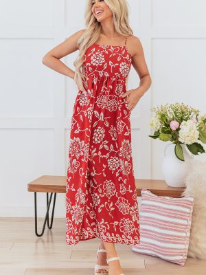 Red Floral Printed Spaghetti Strap Empire Waist Maxi Dress
