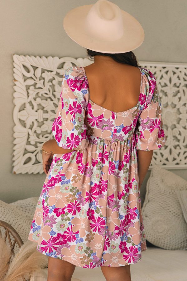 Pink Summer Floral Square Neck Puff Sleeve Babydoll Dress