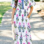 White Floral Puff Short Sleeve V Neck High Waist Maxi Dress