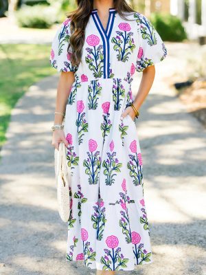 White Floral Puff Short Sleeve V Neck High Waist Maxi Dress