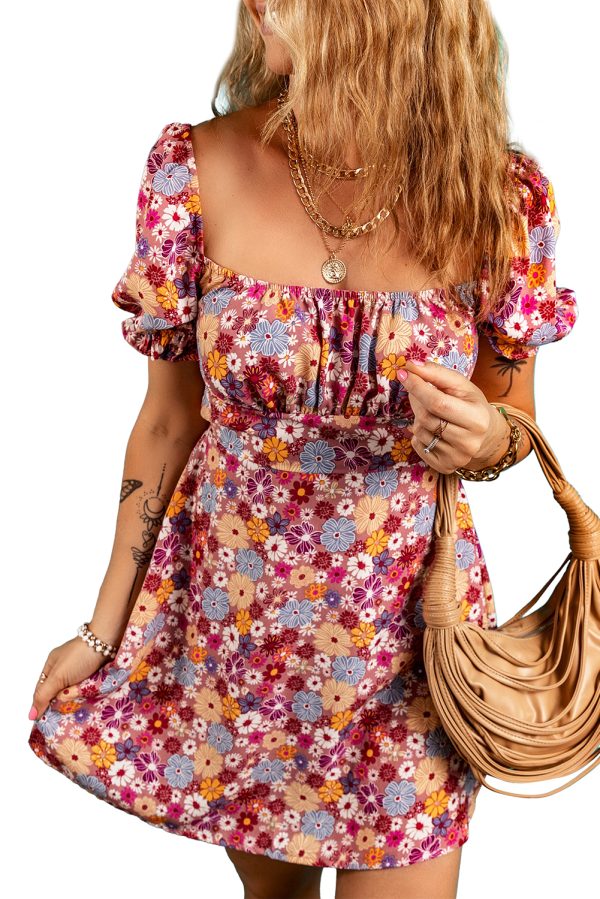 Red Floral Puff Sleeve Square Neck Knot Open Back Mini Dress