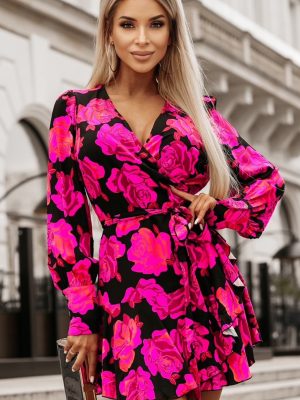 Rose Floral Print V Neck Wrap Bishop Sleeve Ruffle Tiered Mini Dress