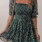 Green Smocked Square Neck Puff Short Sleeve Floral Dress