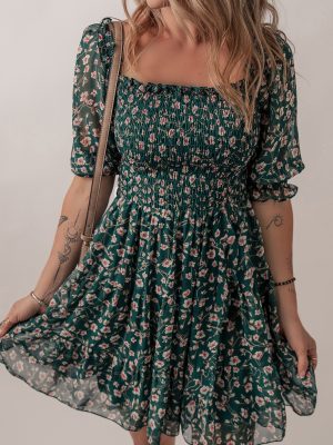 Green Smocked Square Neck Puff Short Sleeve Floral Dress