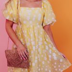 Yellow Boho Flower Jacquard Puff Sleeve Square Neck Mini Dress