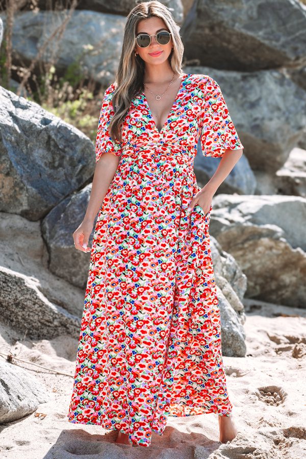 Red Floral Half Sleeve Deep V Neck Cutout Back Split Maxi Dress