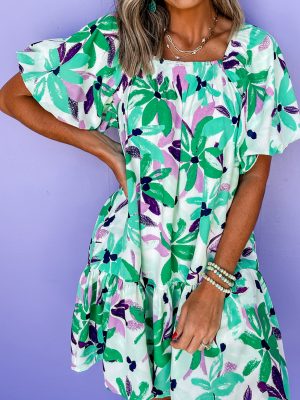 Green Floral Print Shirred Square Neck Loose Fit Mini Dress