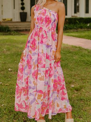 Pink Abstract Floral Print Shirred One Shoulder Maxi Dress
