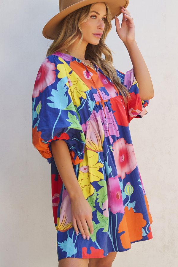 Dark Blue Floral Print Split Neck Babydoll Dress