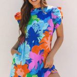 Blue Bold Floral Flutter Sleeve Shift Mini Dress with Pockets