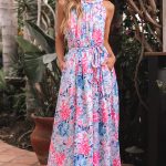 Sky Blue Floral Printed Sleeveless O Neck Knot Waist Maxi Dress