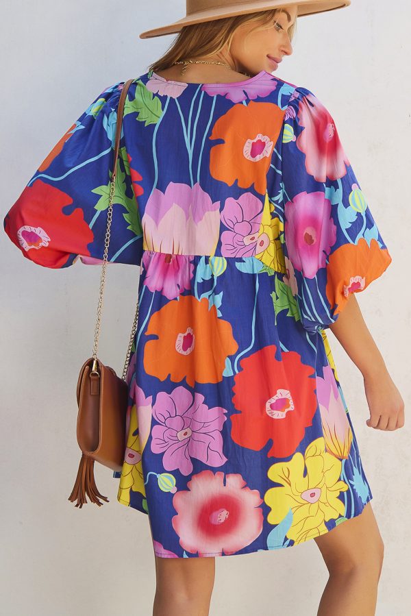 Dark Blue Floral Print Split Neck Babydoll Dress