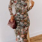 Brown Floral Allover Print Mock Neck Bodycon Long Sleeve Midi Dress
