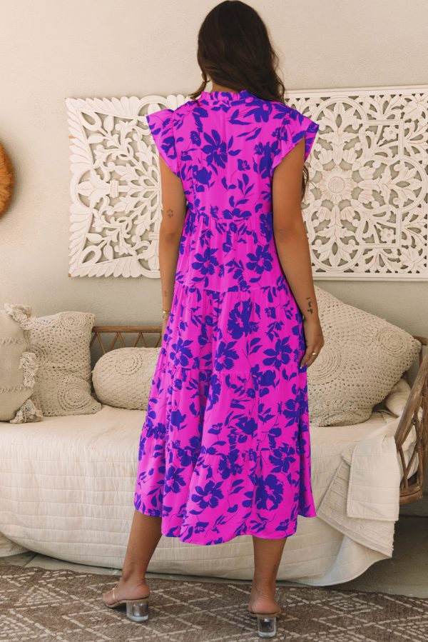 Sky Blue Floral Print Tiered Frilled Trim Flutter Sleeve Maxi Dress
