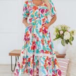 Rose Red Floral Knot Puff Sleeve V Neck Buttoned Front Split Lace Maxi Dress
