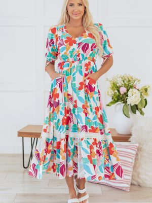 Rose Red Floral Knot Puff Sleeve V Neck Buttoned Front Split Lace Maxi Dress