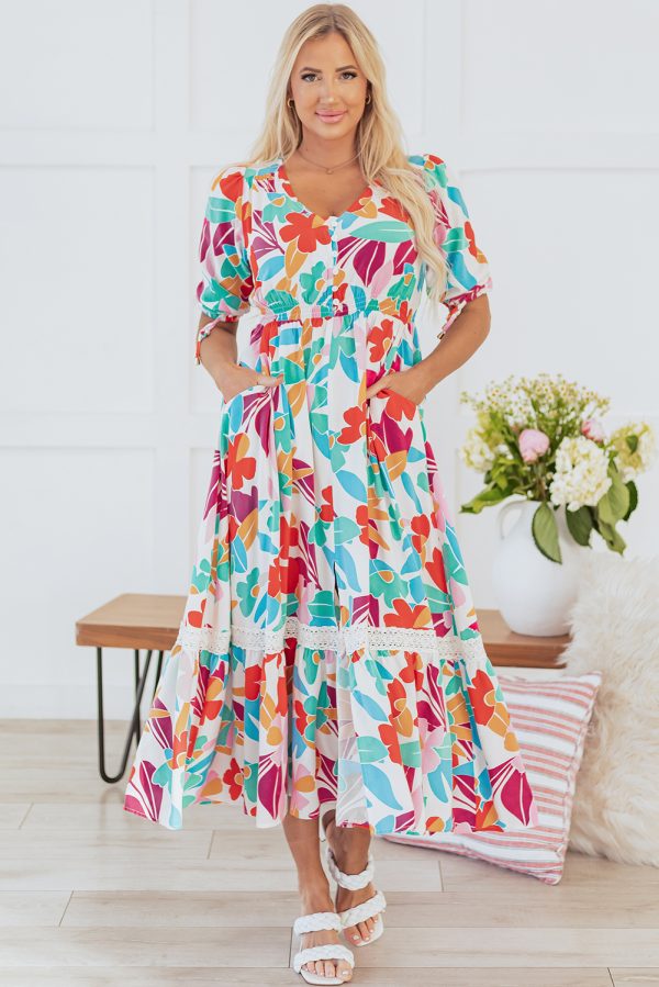 Rose Red Floral Knot Puff Sleeve V Neck Buttoned Front Split Lace Maxi Dress
