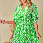 Green Floral Print Puff Half Sleeve V Neck Babydoll Dress
