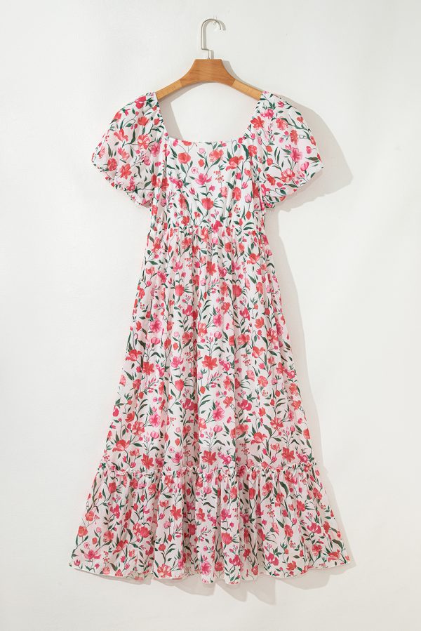 Pink Floral Puff Sleeve Square Neck Empire Waist Tiered Maxi Dress