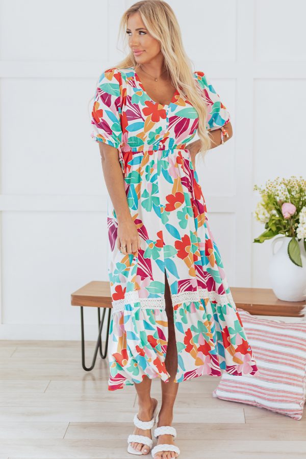 Rose Red Floral Knot Puff Sleeve V Neck Buttoned Front Split Lace Maxi Dress