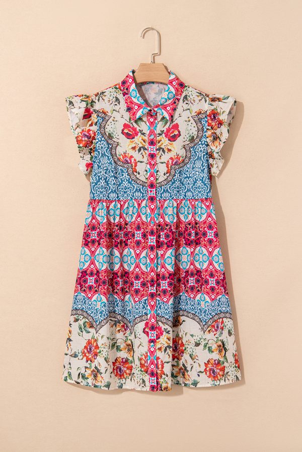 Rose Floral Mixed Pattern Ruffle Flutter Sleeve Buttoned Dress