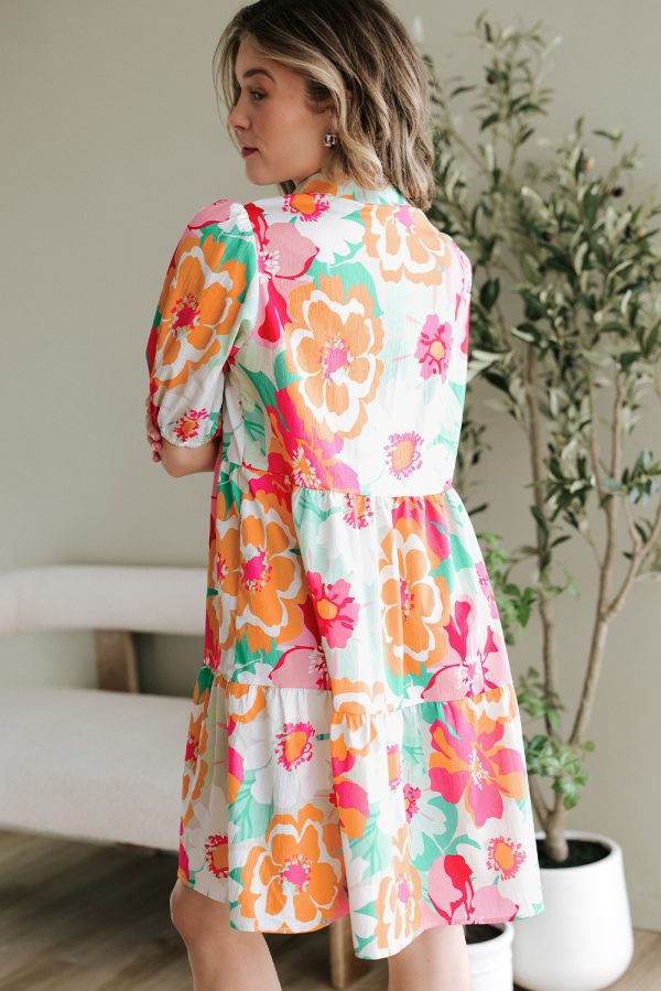 Green Floral Puff Sleeve Collar Buttoned Babydoll Dress