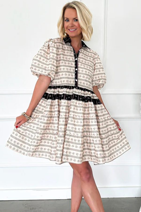 Black Boho Floral Striped Contrast Trim Bubble Sleeve Flared Dress
