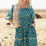 Skobeloff Floral Contrast Trim Square Neck Puff Sleeve Dress
