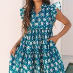 Blue Retro Floral Print Split Neck Ruffle Short Sleeve Dress