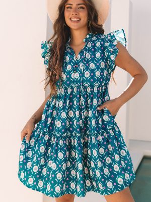 Blue Retro Floral Print Split Neck Ruffle Short Sleeve Dress