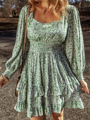 Green Floral Print Square Neck Shirred Waist Tiered Ruffled Mini Dress