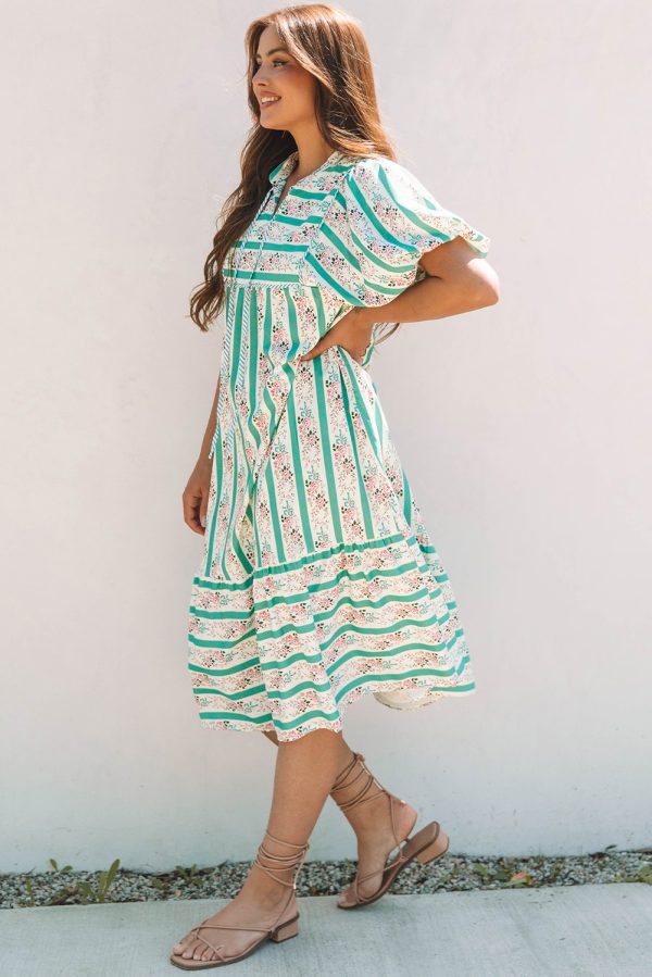 Multicolour Striped Floral Print Tie Split Neck Puff Sleeve Midi Dress