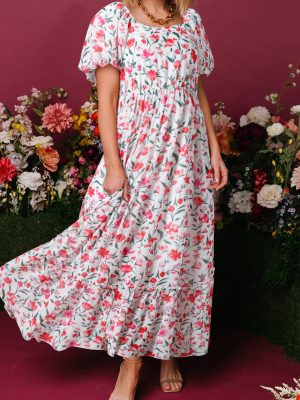 Pink Floral Puff Sleeve Square Neck Empire Waist Tiered Maxi Dress