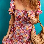 Red Floral Puff Sleeve Square Neck Knot Open Back Mini Dress