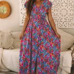 Blue Floral Print V Neck Wrap Split Maxi Dress