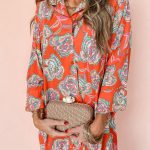 Red Floral Print Lapel Collar Loose Shirt Mini Dress
