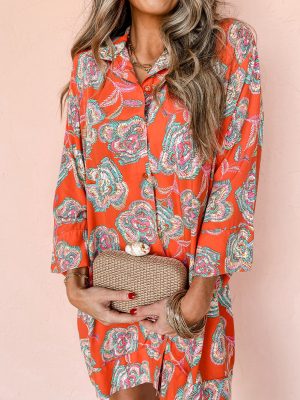 Red Floral Print Lapel Collar Loose Shirt Mini Dress