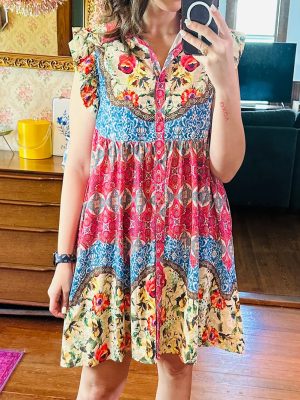 Rose Floral Mixed Pattern Ruffle Flutter Sleeve Buttoned Dress