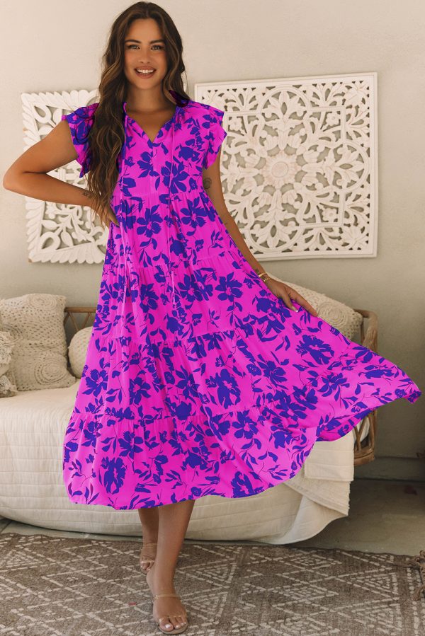 Sky Blue Floral Print Tiered Frilled Trim Flutter Sleeve Maxi Dress