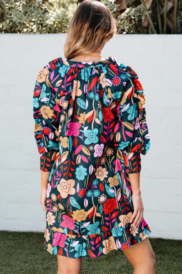 Green Floral Print Puff Sleeve Ruffled Mini Dress