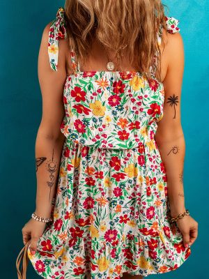 Red Floral Knotted Straps Cinched Waist Ruffle Hem Mini Dress