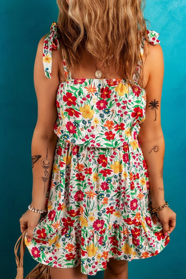 Red Floral Knotted Straps Cinched Waist Ruffle Hem Mini Dress