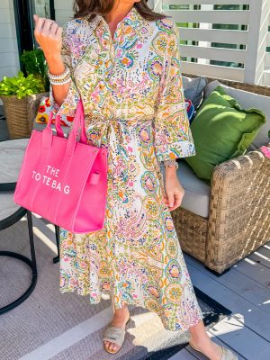 White Paisley Print Buttoned Knotted High Waist Midi Dress