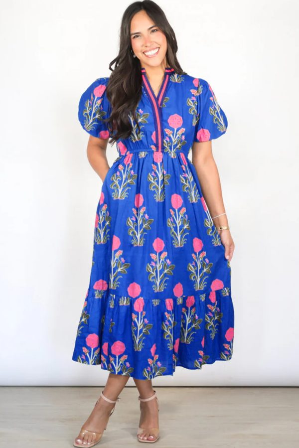White Floral Puff Short Sleeve V Neck High Waist Maxi Dress